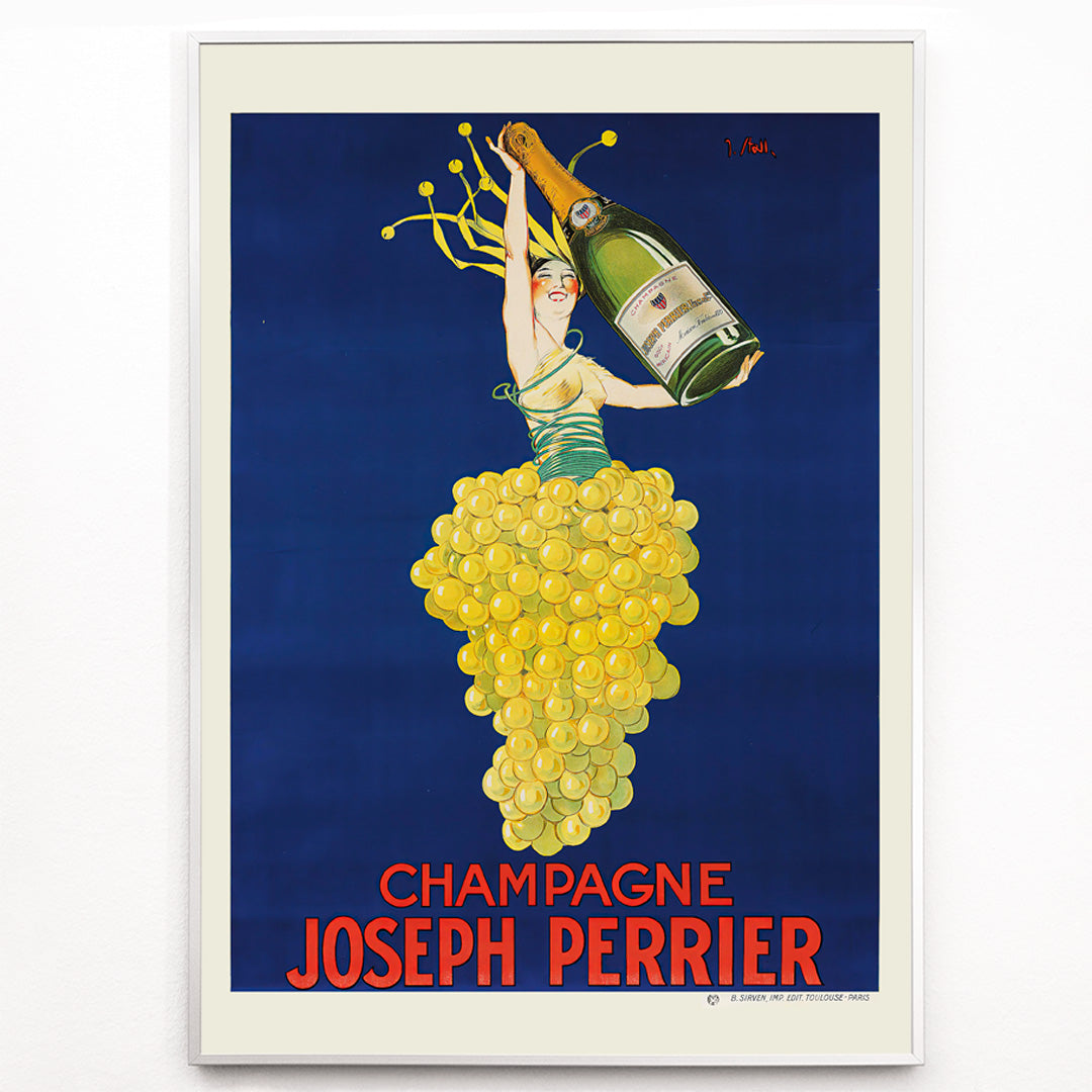 Closeup detail of Woman in grape dress holding champagne bottle on blue background Champagne Joseph Perrier poster artwork by Joseph Stall