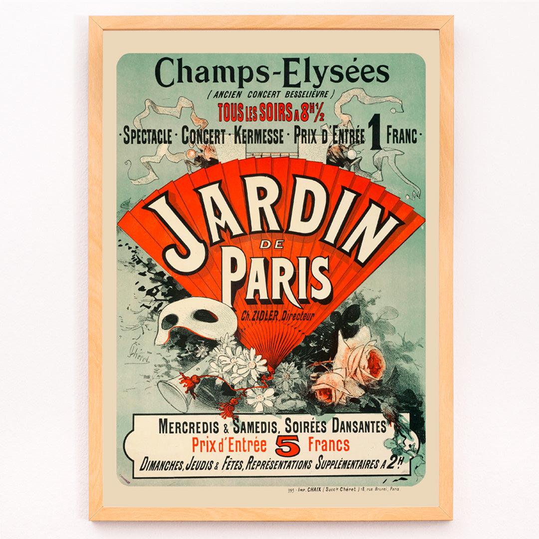 Closeup detail of Vintage French poster by Jules Cheret featuring fan flowers bold Jardin De Paris text colorful flowers and masks Champs Elysees artwork