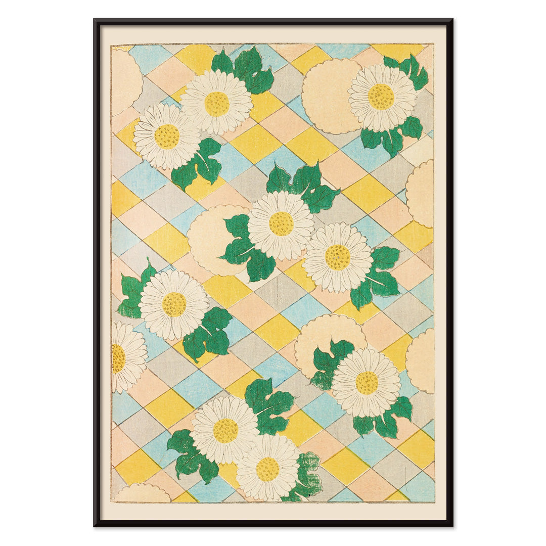 Chrysanthemum flowers and white flowers with green leaves on pastel geometric background artwork by Korin Furuya Bijutsukai Pl 218 poster, with black aluminium frame on white background