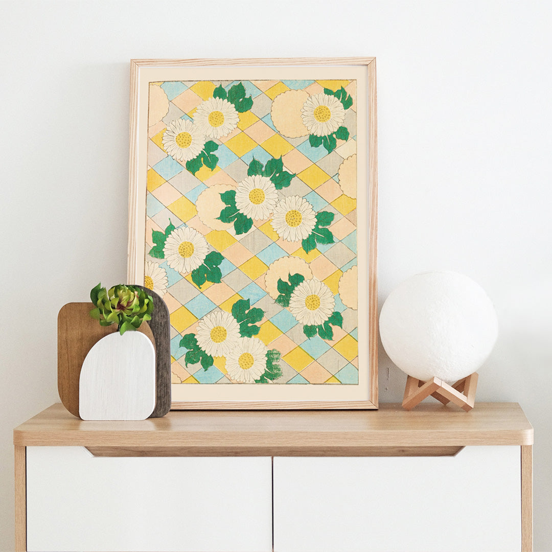 Chrysanthemum flowers and white flowers with green leaves on pastel geometric background artwork by Korin Furuya Bijutsukai Pl 218 poster, framed and displayed in home decor