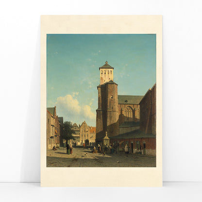 St Denis Church in Liege painting by Jan Weissenbruch showing people in a sunlit city square poster artwork, framed and displayed in modern living room decor