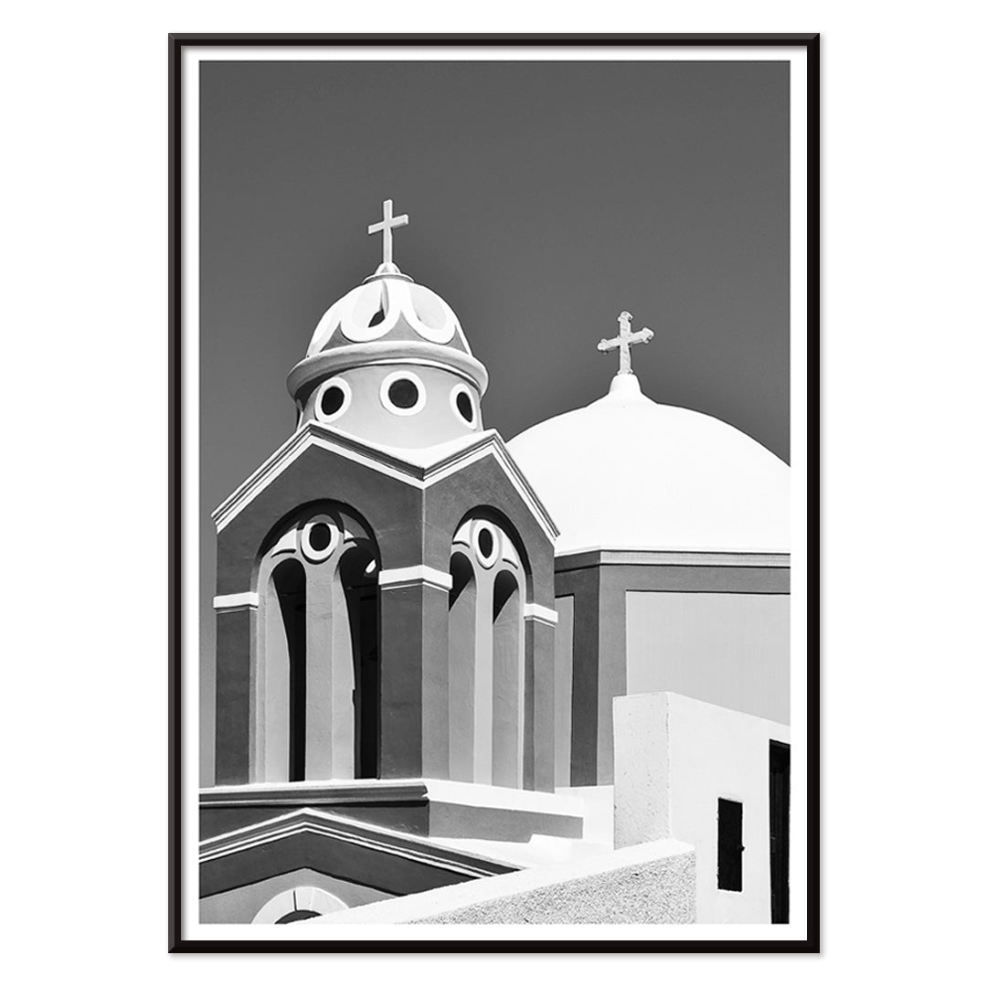 Black and white artwork of a traditional church dome and cross in Santorini Greece by artist Santorini Greece poster featuring classic architecture against a clear sky, with black aluminium frame on white background