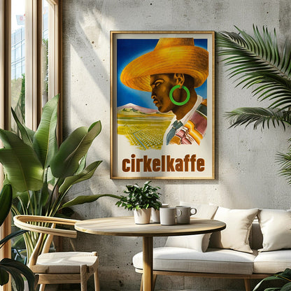 Cirkelkaffe by J Olsens poster featuring a person in a large hat with green earrings and a scenic landscape agricultural background, framed and displayed in home decor