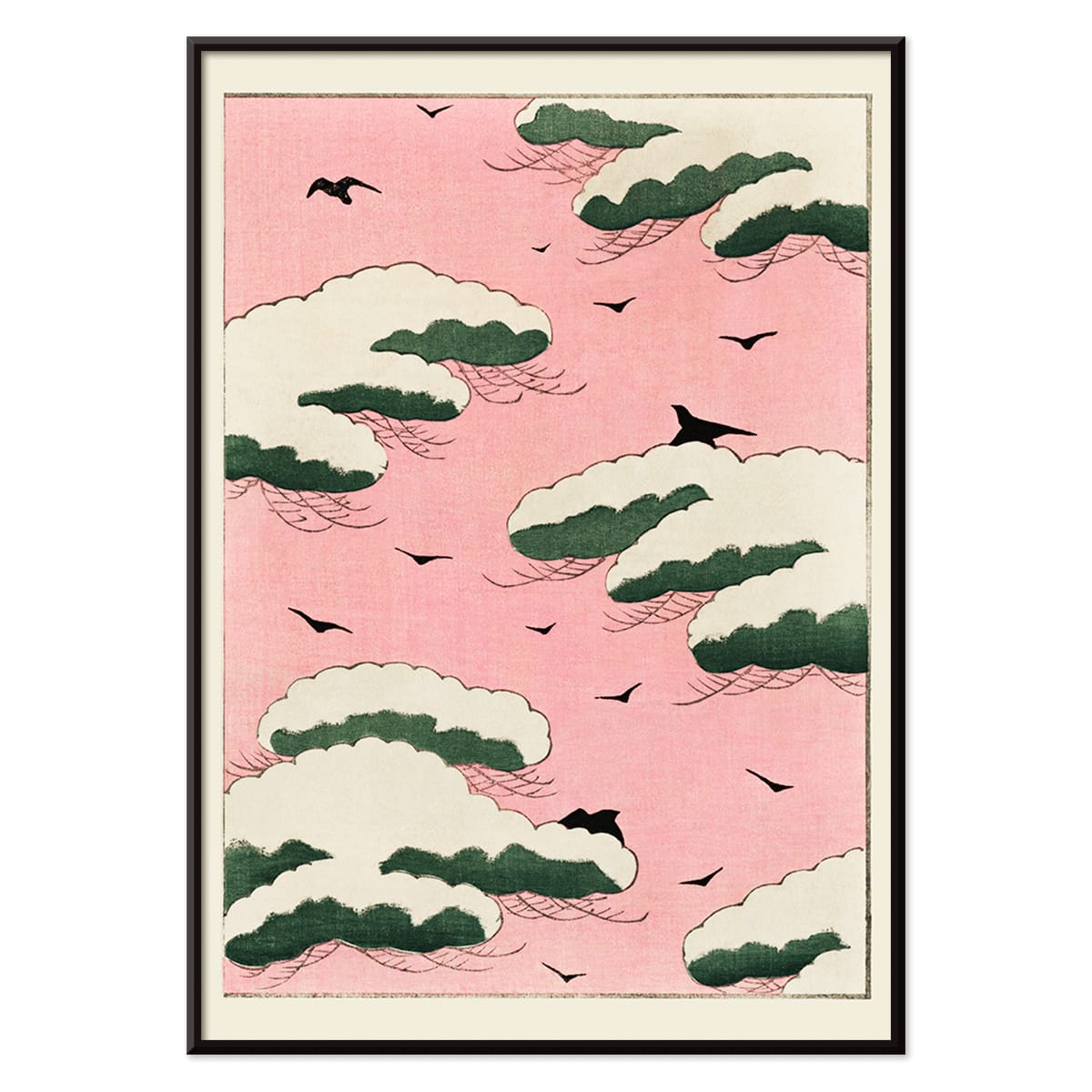 Pink sky with green clouds and black birds by Watanabe Seitei from Bijutsu Sekai Kacho-ga style poster, with black aluminium frame on white background
