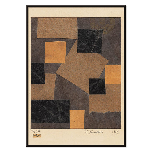 Abstract collage poster with black and brown geometric shapes by Kurt Schwitters Mz 386 Hopf Merzzeichnung, with black aluminium frame on white background