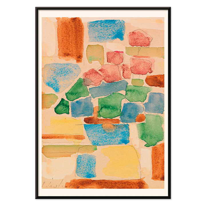 Floral Still Life by Alexej von Jawlensky abstract watercolor painting with vibrant geometric shapes in red blue and green tones, with black aluminium frame on white background