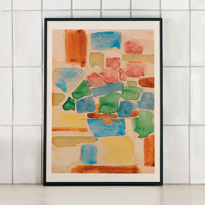 Floral Still Life by Alexej von Jawlensky abstract watercolor painting with vibrant geometric shapes in red blue and green tones, framed and displayed in home decor