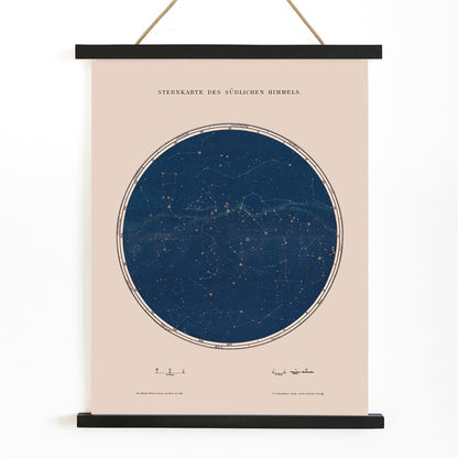 Carte des constellations star map and detailed constellation poster by The Institute of Liepzig southern sky artwork, with wooden magnetic frame on white background
