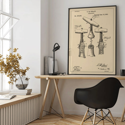 Corkscrew Patent by TM Strait technical drawing and signature poster featuring detailed diagrams and specifications of corkscrew invention, framed and displayed in home decor