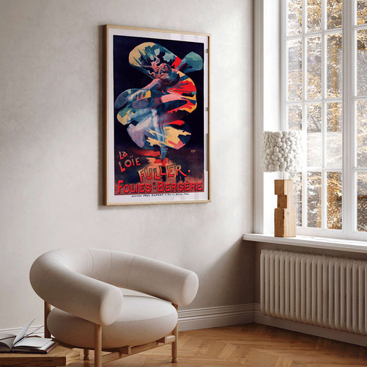 Colorful swirling dancer La Loie Fuller by Pal poster advertising Folies Bergere performance, framed and displayed in home decor