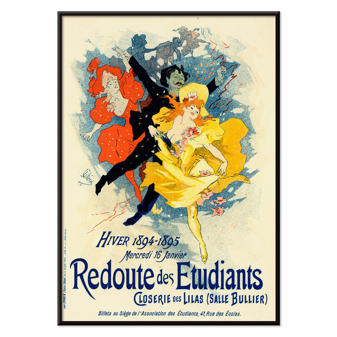 Colorful dancers in festive attire and vibrant costumes featured in Redoute Des Etudiants by Jules Cheret vintage poster with bold text, with black aluminium frame on white background