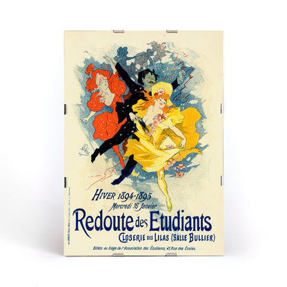 Colorful dancers in festive attire and vibrant costumes featured in Redoute Des Etudiants by Jules Cheret vintage poster with bold text, framed and displayed in modern living room decor