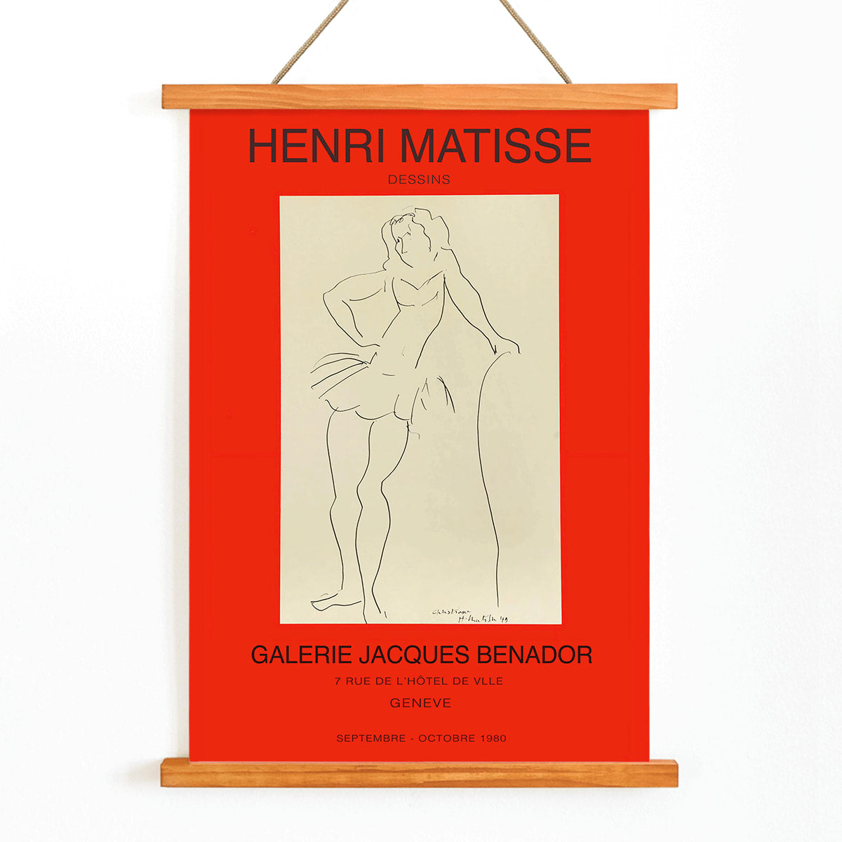 Henri Matisse minimalist line drawing of standing figure for Exposition Matisse poster at Galerie Jacques Benador Geneve exhibition, with wooden magnetic frame on white background