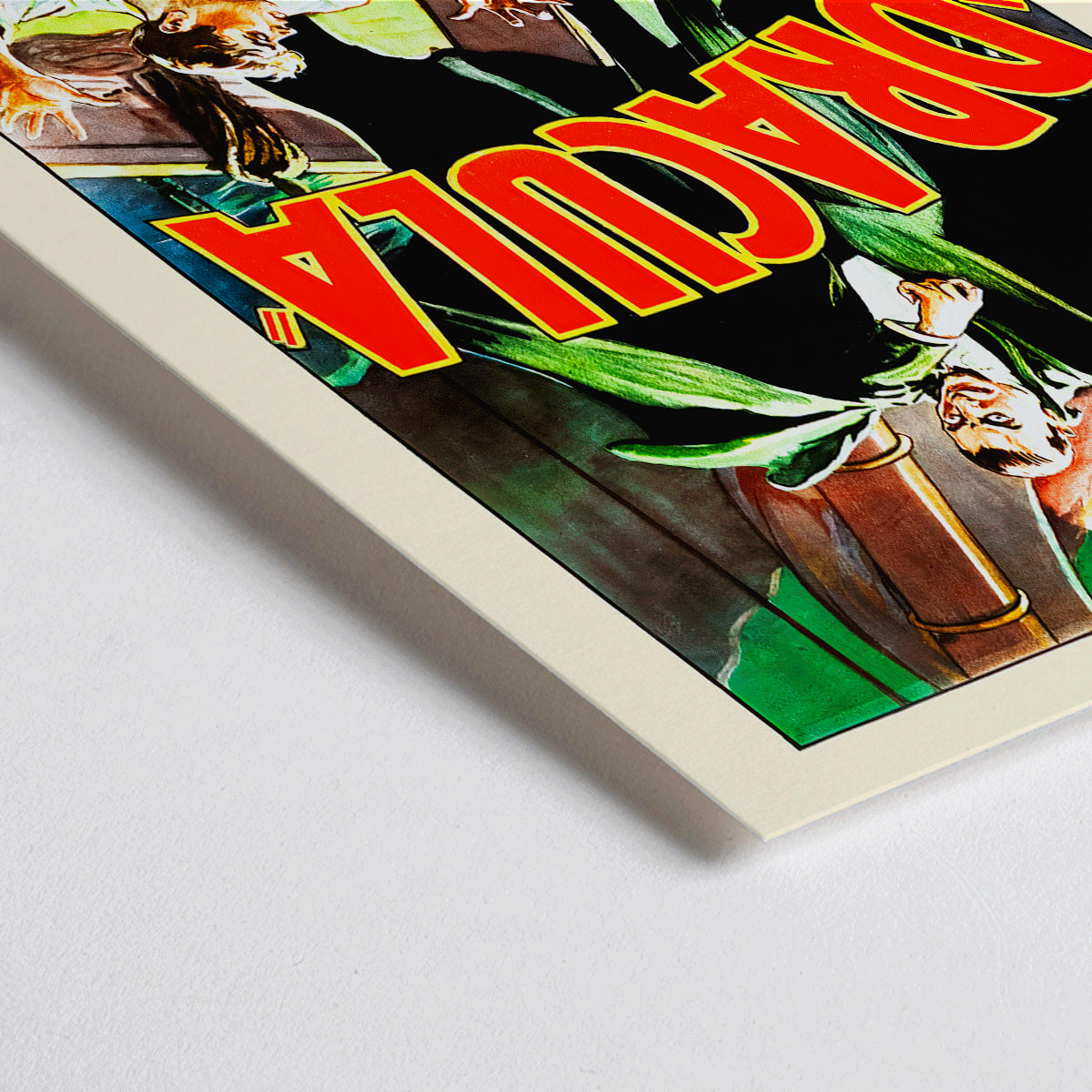 Closeup detail of Dracula movie poster by artist showing a menacing Dracula in a green cloak pursuing a terrified man with a full moon in the background