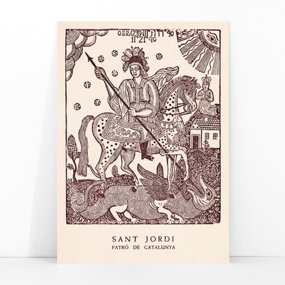 Sant Jordi slaying a dragon on horseback medieval artwork and poster knight with spear Patro de Catalunya, framed and displayed in modern living room decor