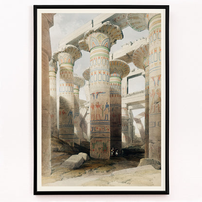 Closeup detail of Ancient Egyptian temple columns with hieroglyphs and painted details at Karnak ruins artwork by David Roberts