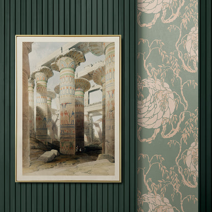 Ancient Egyptian temple columns with hieroglyphs and painted details at Karnak ruins artwork by David Roberts, framed and displayed in home decor
