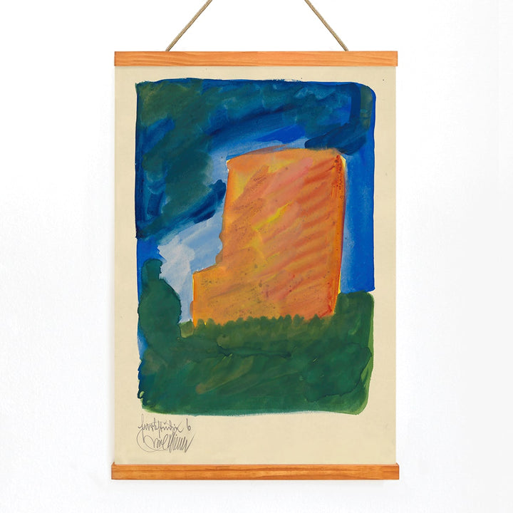 Abstract painting with vibrant blue and orange hues by Karl Wiener titled Farbstudien 10 Blätter VI poster, with wooden magnetic frame on white background
