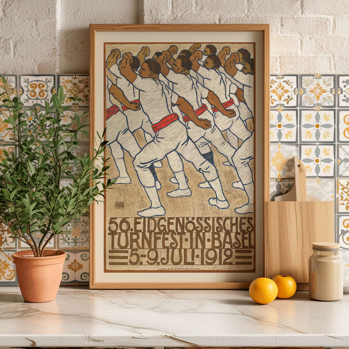 Federal Gymnastics Festival in Basel by Eduard Renggli showing male athletes in white uniforms with red sashes performing synchronized movements in formation, framed and displayed in modern living room decor