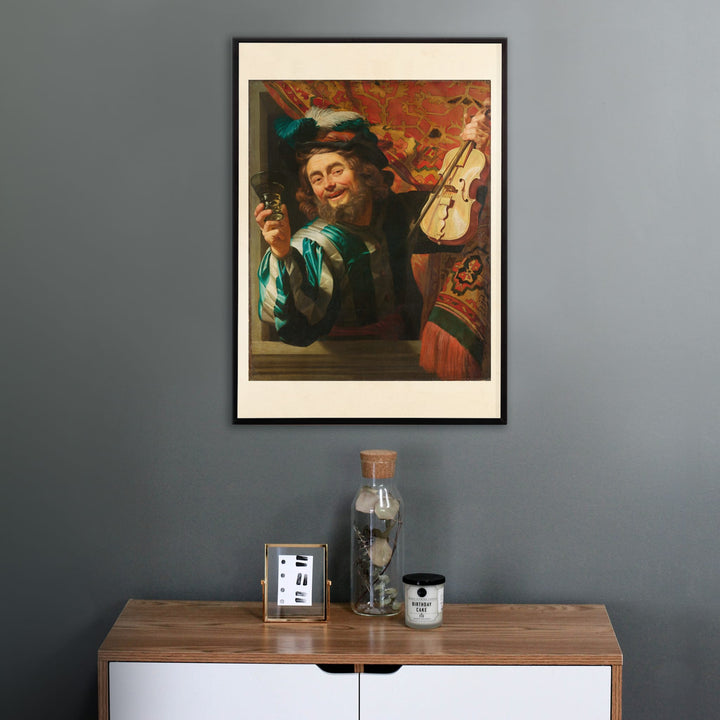 Poster of Gerard van Honthorst The Merry Fiddler cheerful man holding violin and glass by window inspired artwork, framed and displayed in home decor