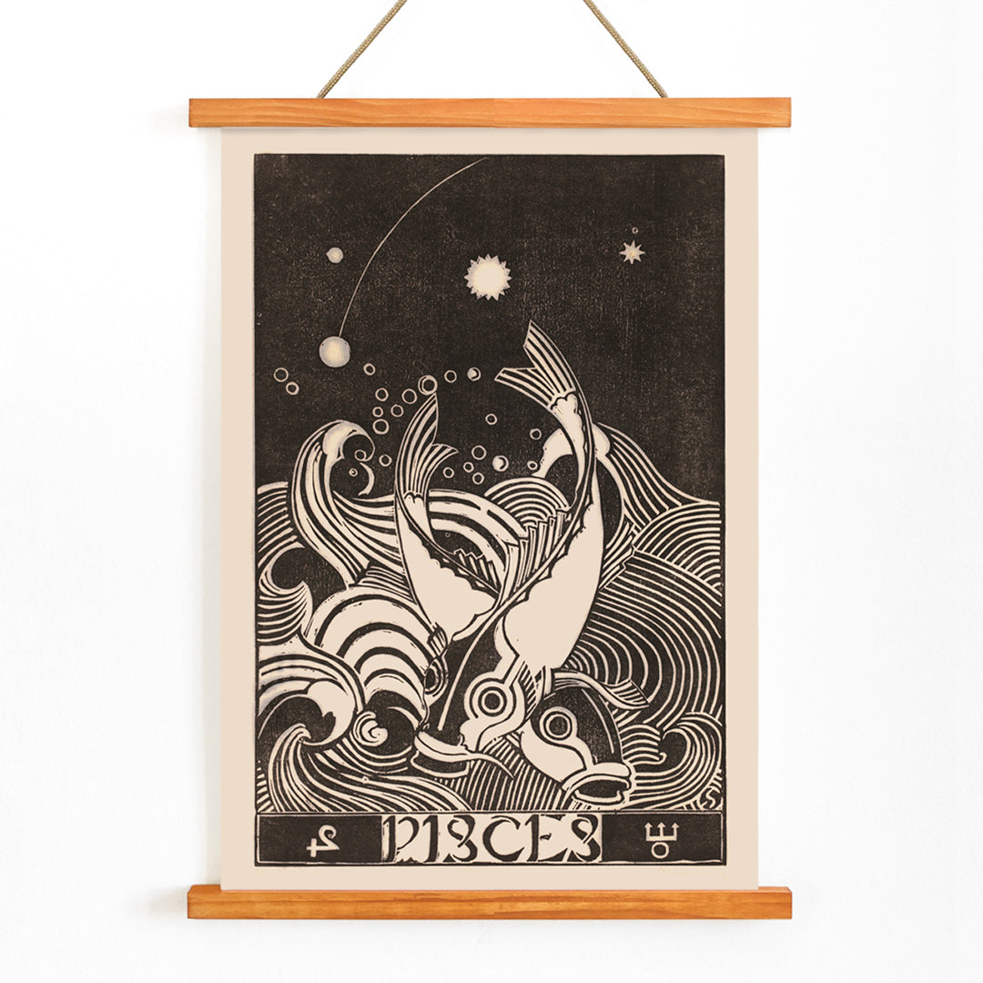 Black and white Pisces zodiac sign illustration with two stylized fish swimming among swirling waves artwork by Henri van der Stok, with wooden magnetic frame on white background