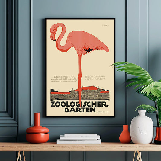 Poster of Zoologischer Garten by Julius Klinger with a pink flamingo and zoo building facade illustration, framed and displayed in home decor