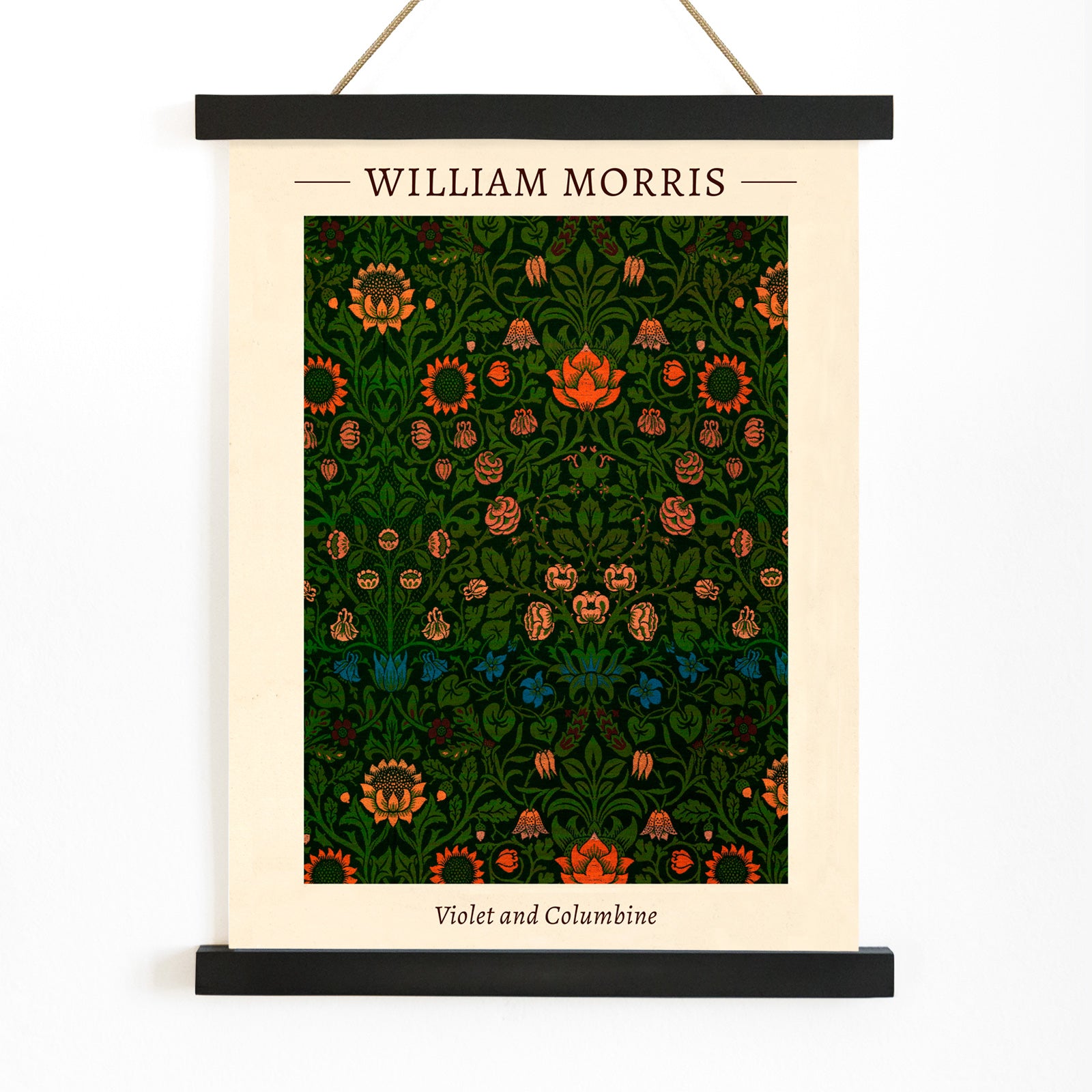 Floral pattern artwork poster titled Violet and Columbine by William Morris featuring intricate botanical designs with vivid green and orange tones, with wooden magnetic frame on white background