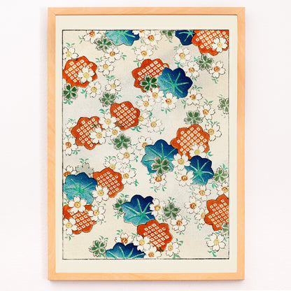 Closeup detail of Colorful floral pattern artwork by Watanabe Seitei from Bijutsu Sekai featuring traditional Japanese design with colorful blossoms and leaves on a light background
