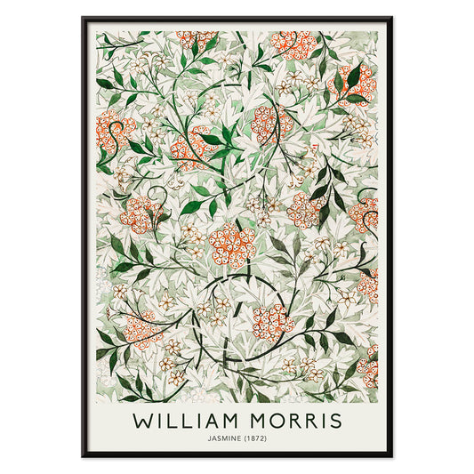 Floral botanical pattern of jasmine flowers and green orange leaves by William Morris artwork poster, with black aluminium frame on white background