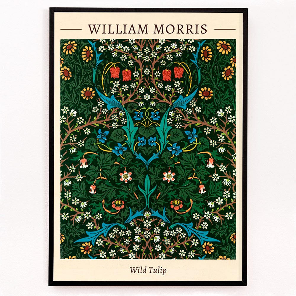 Closeup detail of Wild Tulip floral patterned artwork poster by William Morris featuring intricate green blue and red designs for wall decor