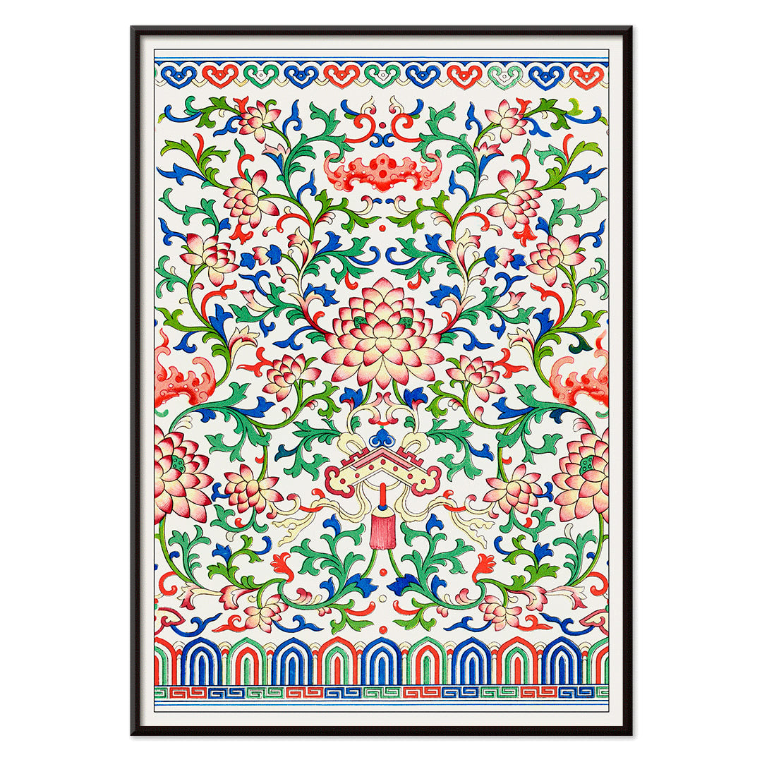 Chinese botanical illustration and botanical poster by Owen Jones from Examples of Chinese Ornament featuring intricate floral patterns and vibrant colors, with black aluminium frame on white background