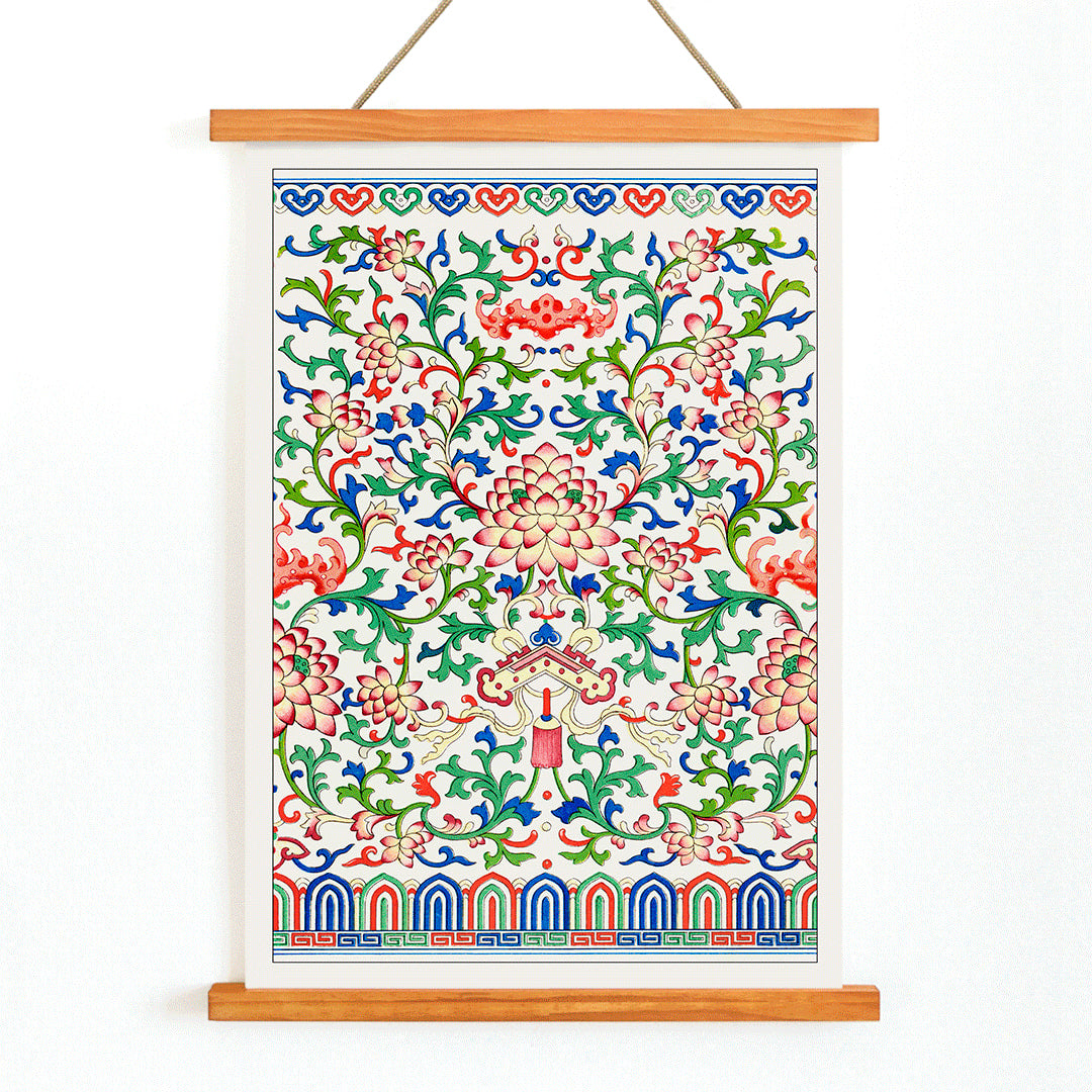 Chinese botanical illustration and botanical poster by Owen Jones from Examples of Chinese Ornament featuring intricate floral patterns and vibrant colors, with wooden magnetic frame on white background