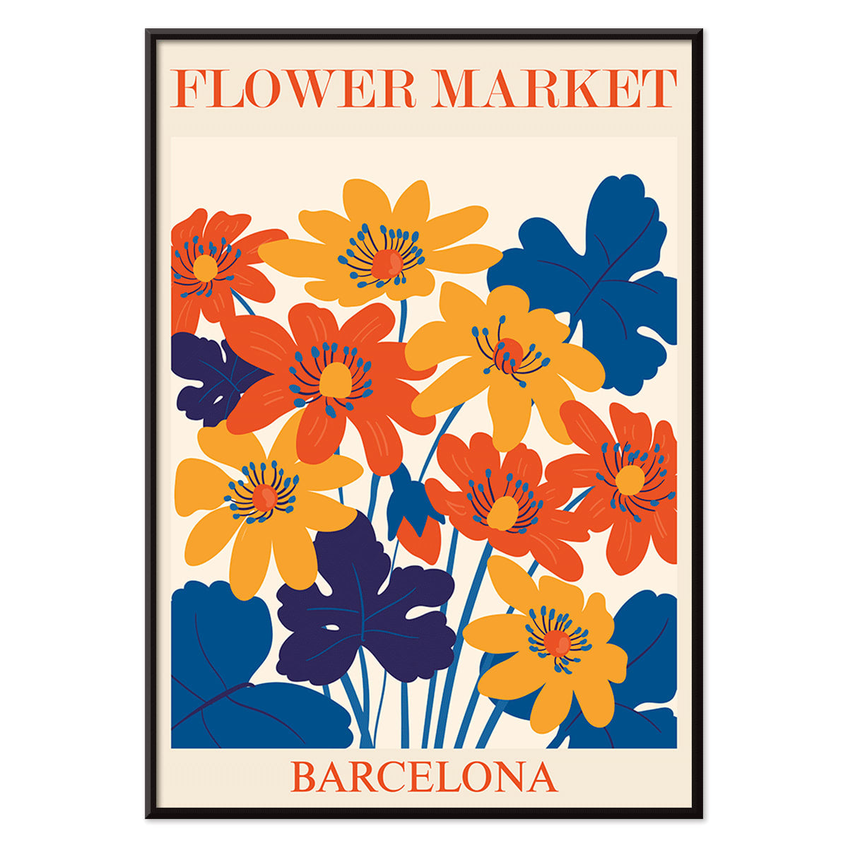 Vibrant orange yellow and blue flower artwork poster titled Flower Market Barcelona by artist Moryarty with text displayed at top and bottom, with black aluminium frame on white background