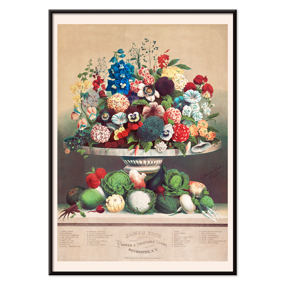Colorful poster of flowers and vegetables in a vase by Anton Carl Rahn for wall decor, with black aluminium frame on white background