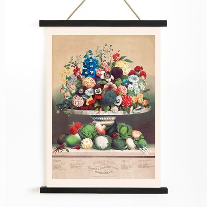 Colorful poster of flowers and vegetables in a vase by Anton Carl Rahn for wall decor, with wooden magnetic frame on white background