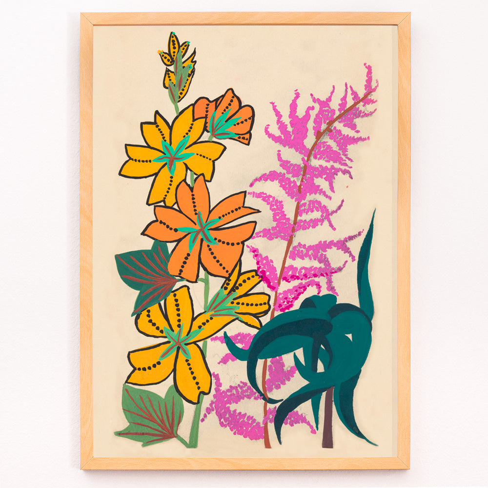 Closeup detail of Colorful floral illustration of branches and leaves by Atelier Martine featuring vibrant orange yellow and pink flowers poster artwork