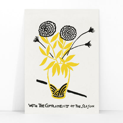 Yellow and black floral arrangement illustration and abstract flower poster in a vase with text With the Compliments of the Season by Henry Lyman Sayen, framed and displayed in modern living room decor
