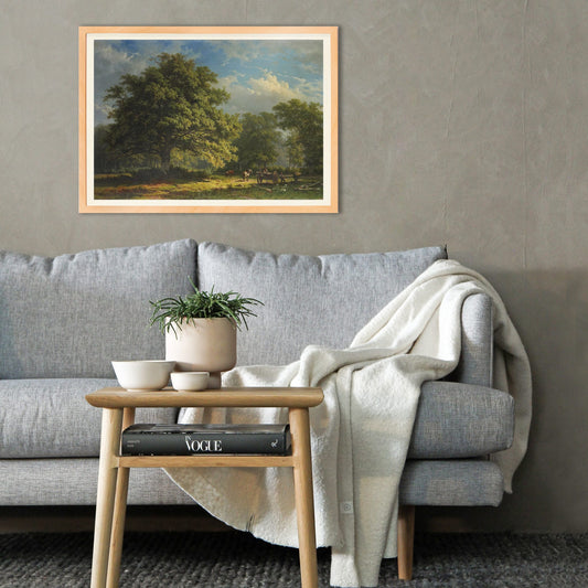 Pastoral landscape poster of The Bentheim Forest by George Andries Roth showing lush green forest large trees and people working with horses, framed and displayed in home decor