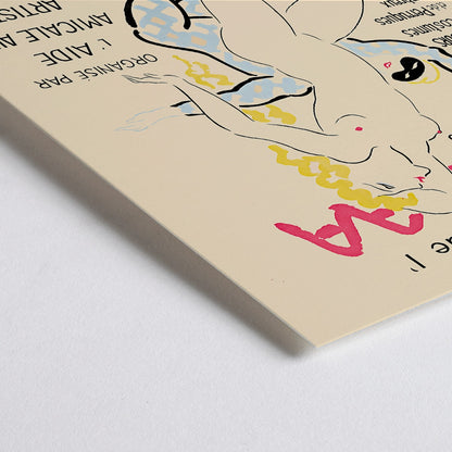 Closeup detail of Artistic poster 4eme Bal de lAAAA by Foujita featuring dancers and two women in bold colors and elegant poses