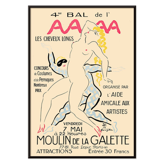 Artistic poster 4eme Bal de lAAAA by Foujita featuring dancers and two women in bold colors and elegant poses, with black aluminium frame on white background