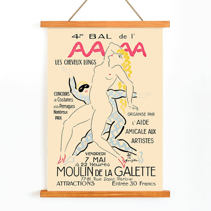Artistic poster 4eme Bal de lAAAA by Foujita featuring dancers and two women in bold colors and elegant poses, with wooden magnetic frame on white background