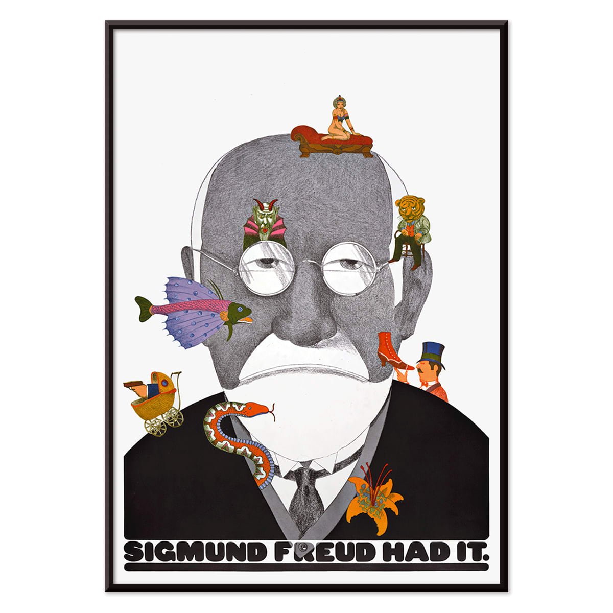 Surreal Sigmund Freud portrait and poster with colorful whimsical illustrations by Seymour Chwast, with black aluminium frame on white background