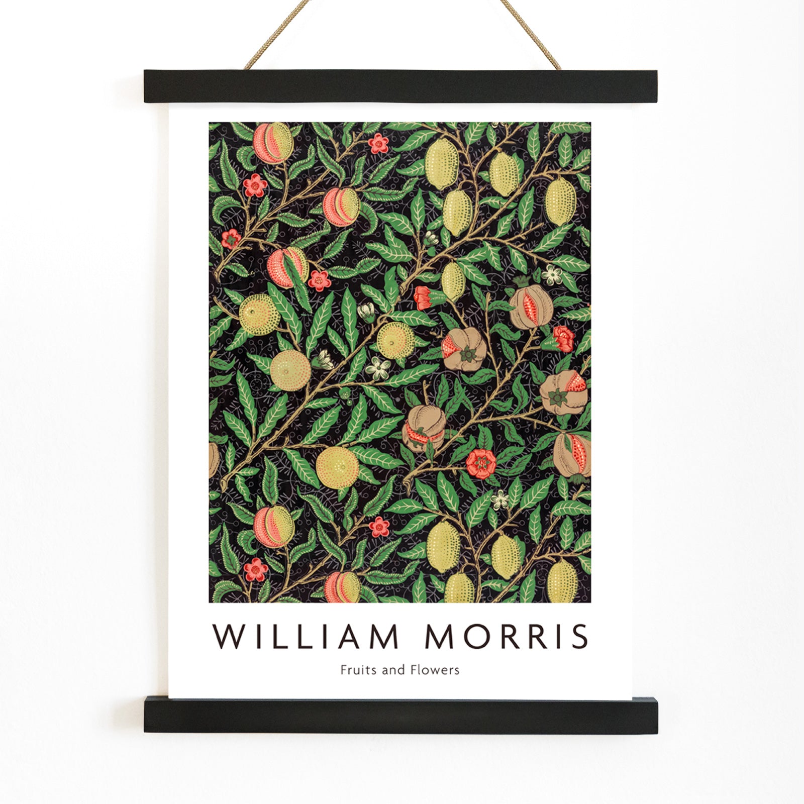 Colorful fruit and floral pattern artwork by William Morris featuring detailed branches leaves and vibrant fruits ideal for home decor, with wooden magnetic frame on white background