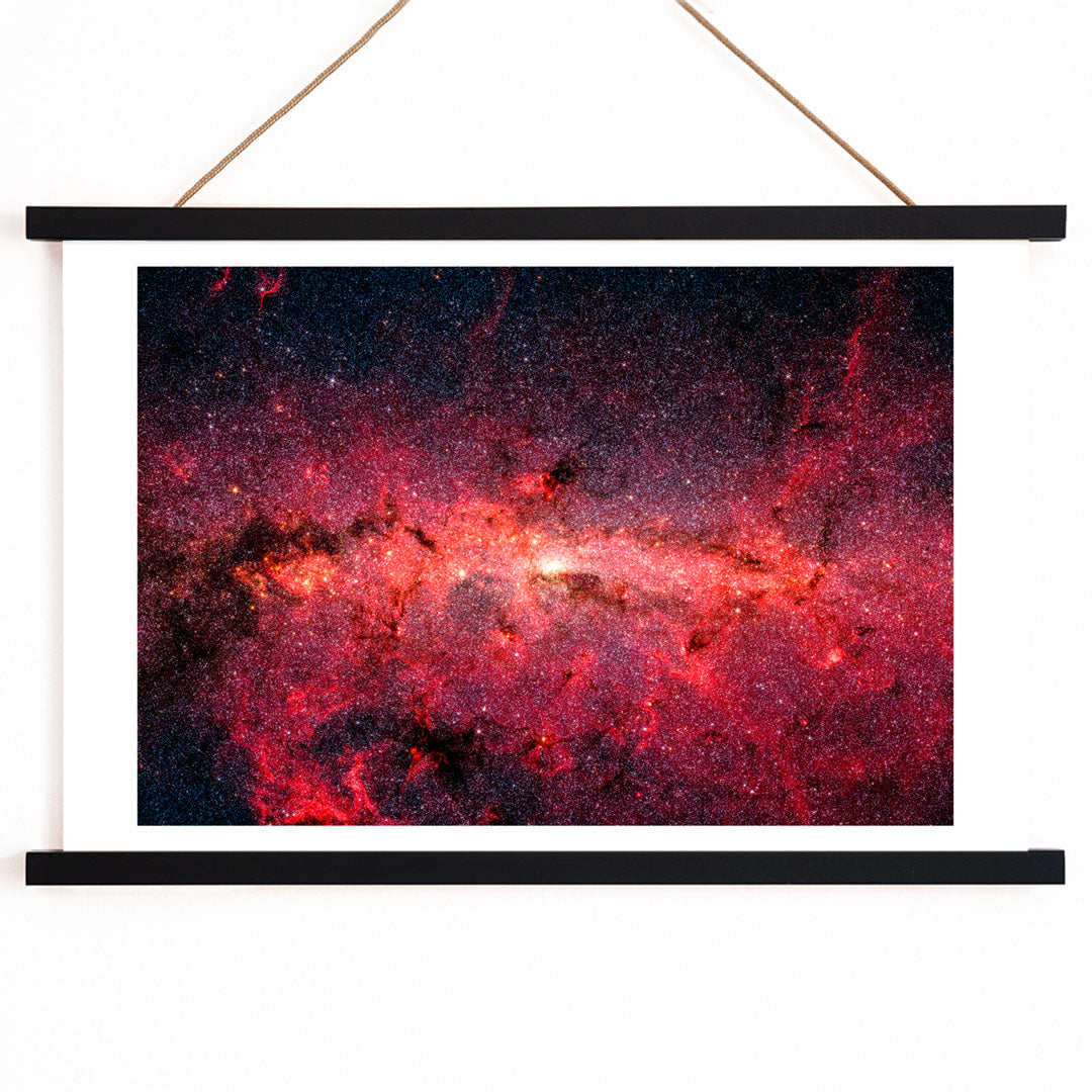 Milky Way galaxy swirling core with countless vibrant stars NASA artwork Hundreds of thousands of stars poster, with wooden magnetic frame on white background