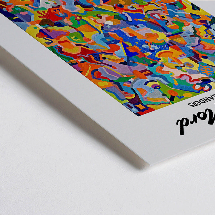Closeup detail of Colorful abstract artwork exhibition poster by Tom Krojer titled En rejse i fremtiden gennem undervisningen at Galerie Nord featuring bold geometric shapes