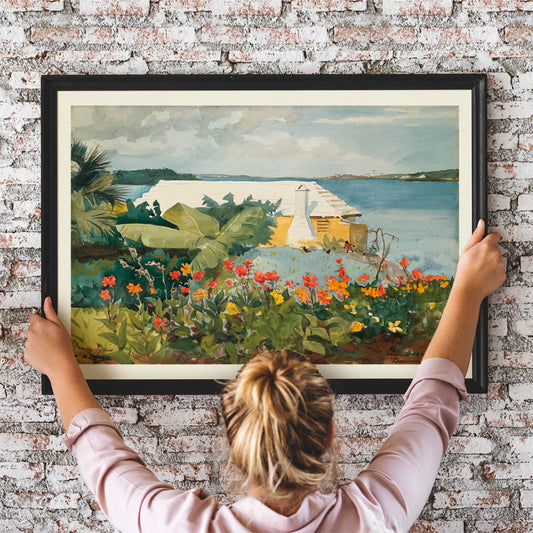 Vibrant tropical flower garden and bungalow by the sea artwork Flower Garden and Bungalow Bermuda by Winslow Homer poster, framed and displayed in home decor