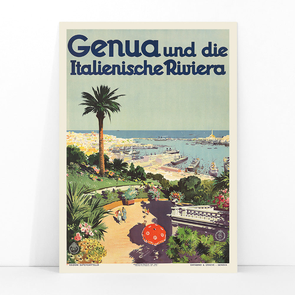 Vintage travel poster of Genoa and the Italian Riviera by Aurelio Craffonara featuring scenic harbor palm trees and colorful garden, framed and displayed in modern living room decor