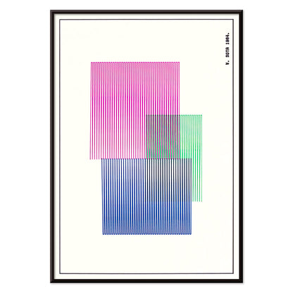Abstract geometric art poster with colorful overlapping and vertical lines in red blue and green by W Soya inspired by Red Blue Green modern decor, with black aluminium frame on white background