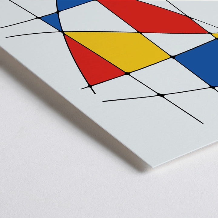 Closeup detail of Abstract art painting and poster titled Geometric Lines and colors 1 featuring intersecting black lines with red yellow and blue colorful shapes
