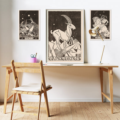 Capricorn zodiac sign illustration and poster featuring a stylized goat under stars in an abstract landscape artwork titled Capricornus by Henri van der Stok, framed and displayed in home decor